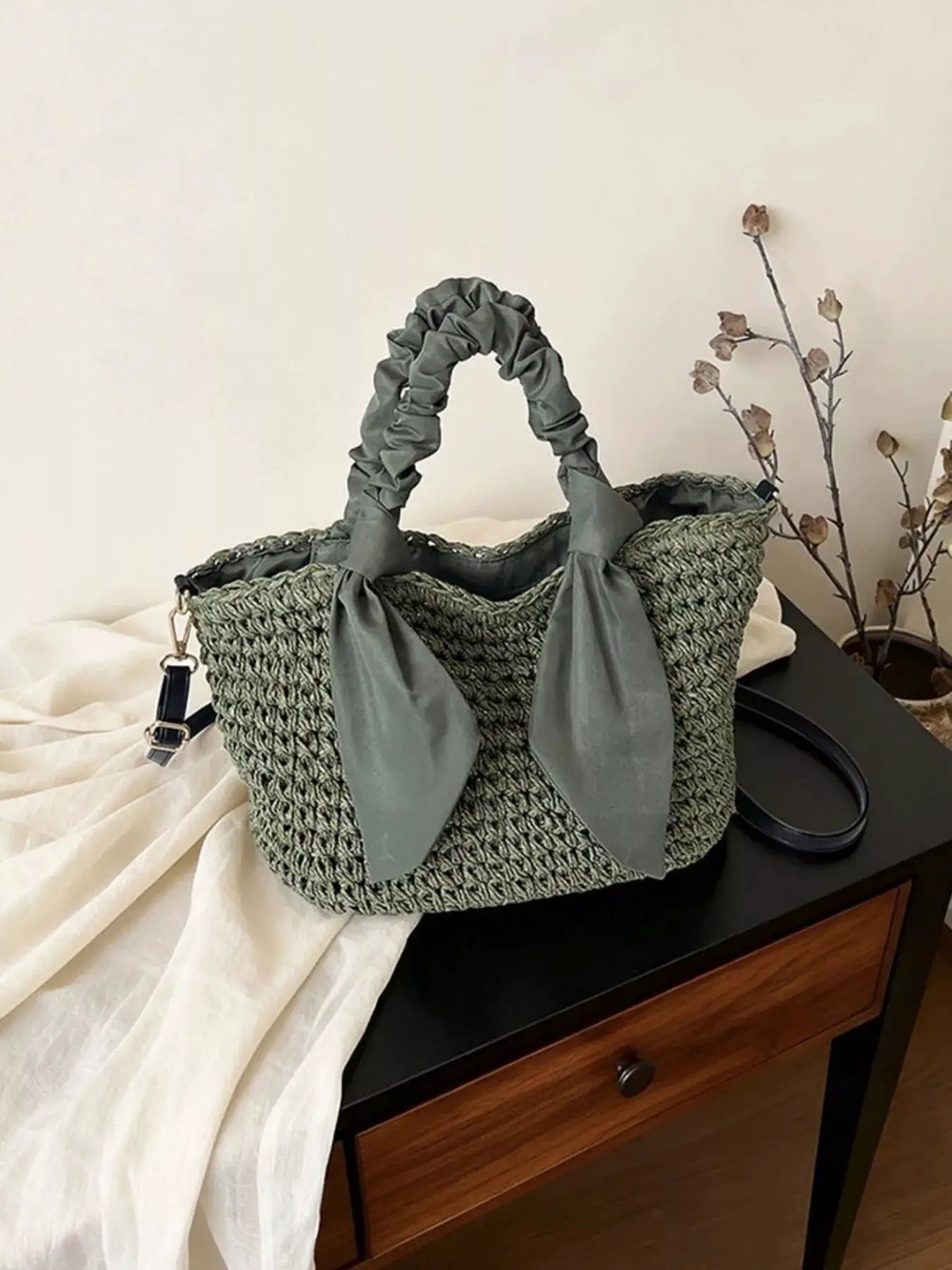 Olive Green Woven Bow-Accent Tote Bag